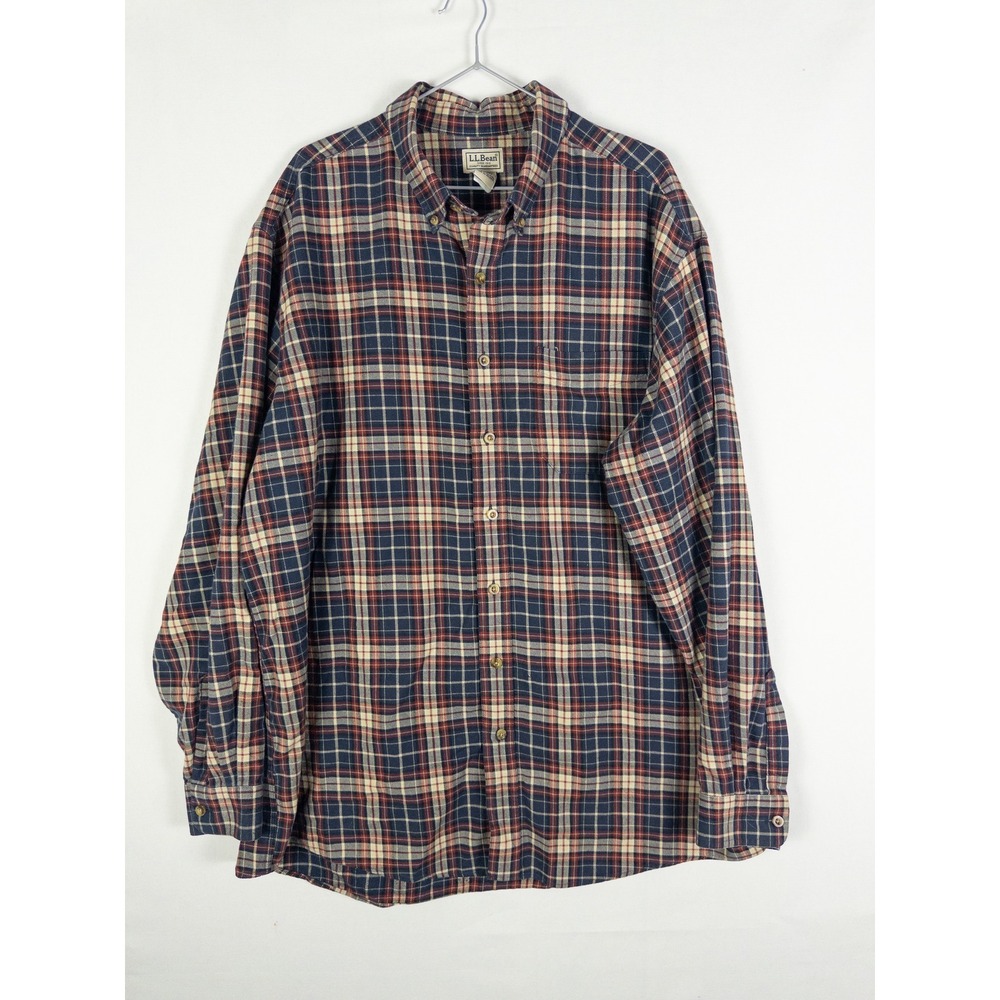 LL Bean Plaid Flannel Button Down Shirt Mens XL Tall Navy Red Cotton Heritage